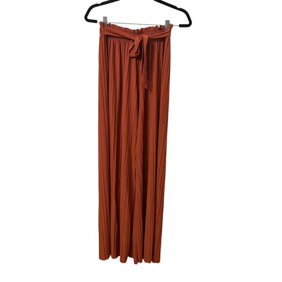 Chic Pleated Wide-Leg Rust Pants With Elastic Waist & Tie Belt Womans Size Large - Picture 1 of 6